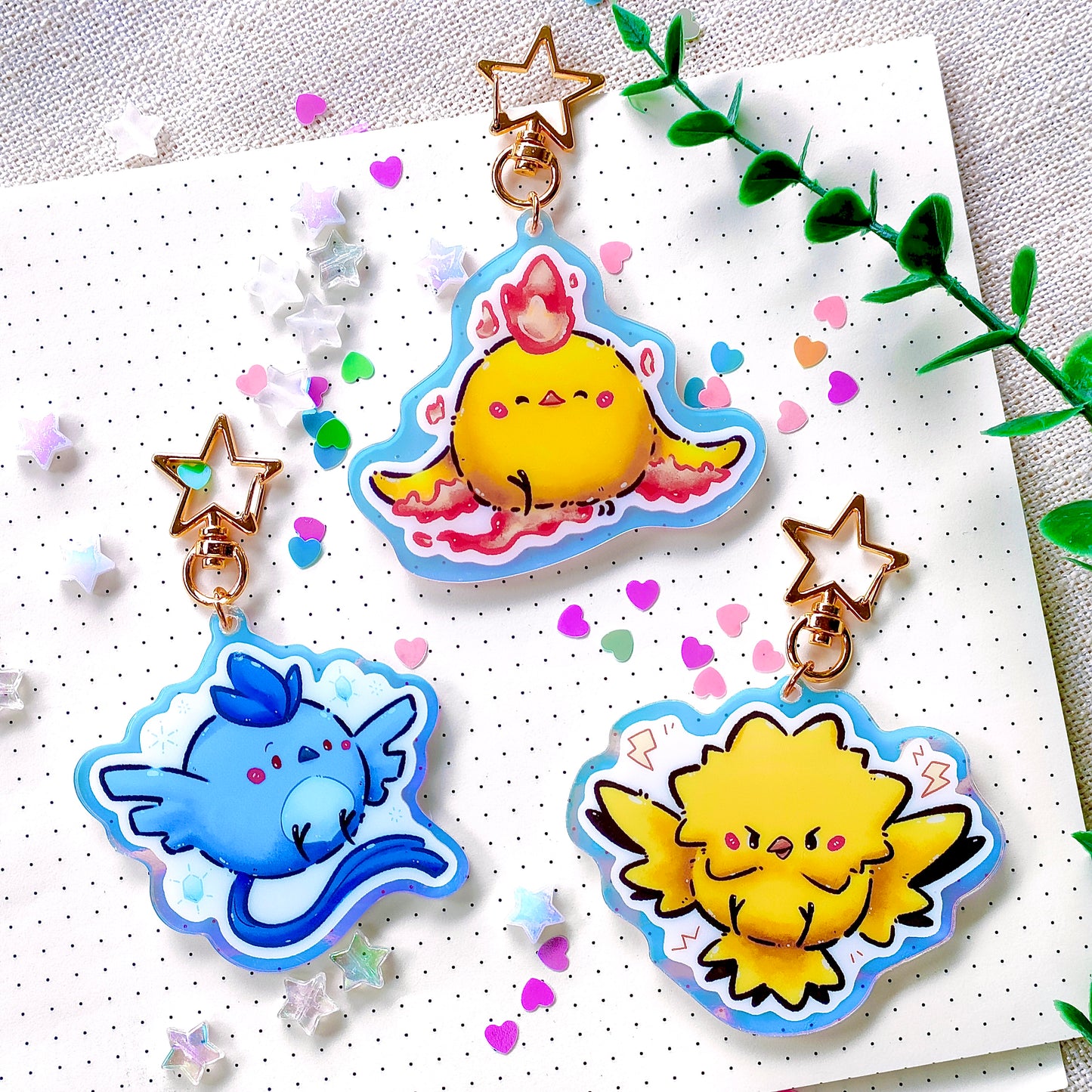 Big Rainbow Acrylic Charm: Legendary Poketama Birds (Articuno, Zapdos, Moltres)