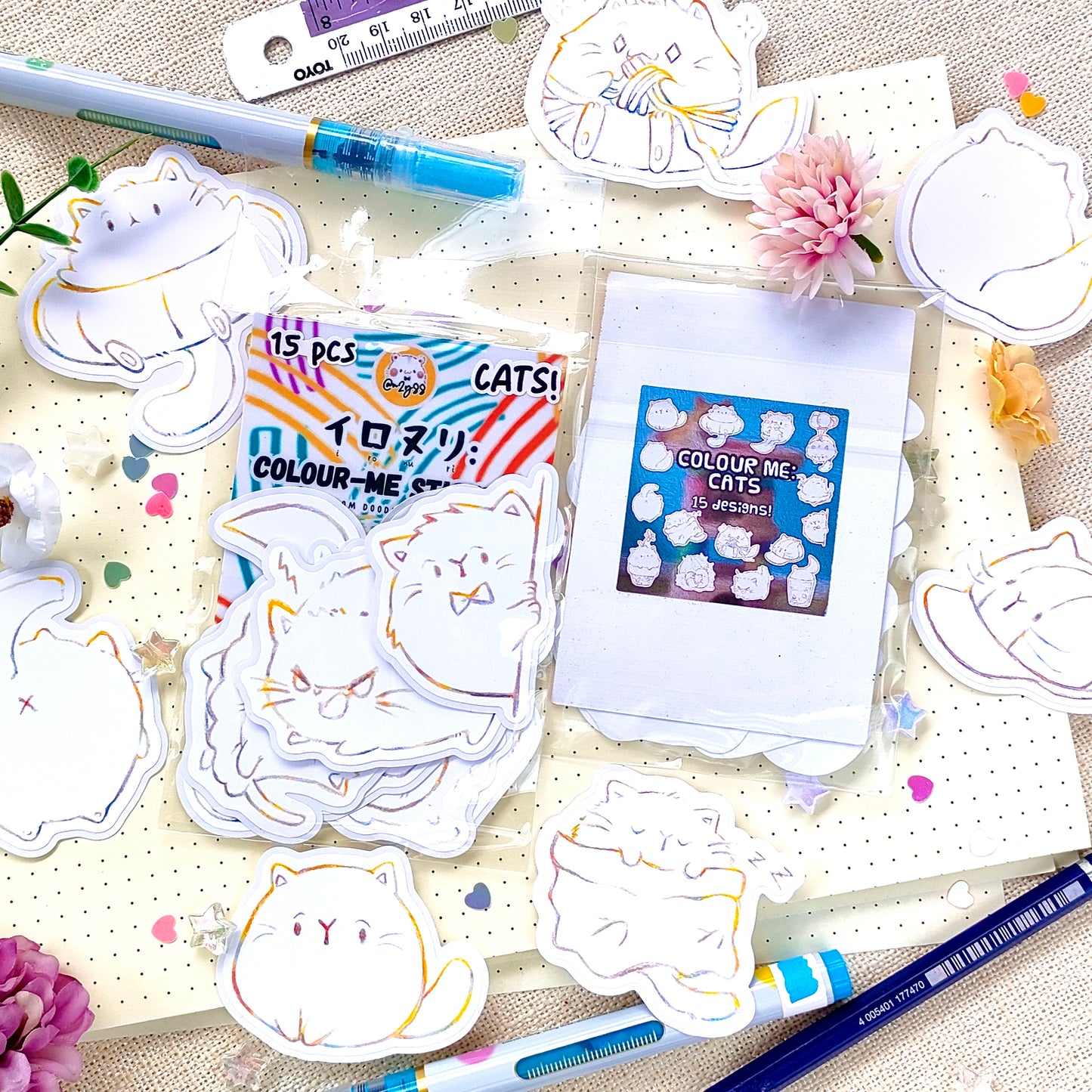 IRONURI: Durable & Very Repositionable Colouring Sticker Pack - Cats!