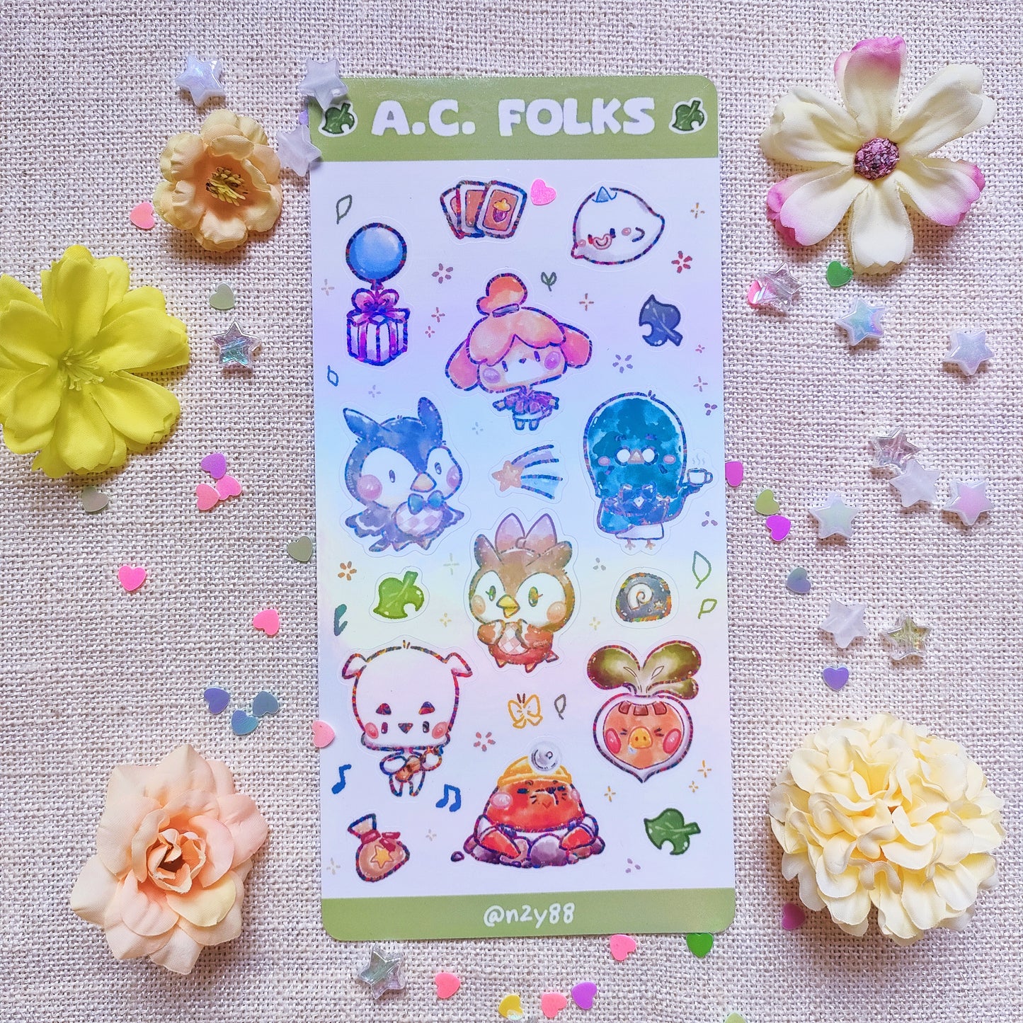 Waterproof, Holographic and Repositionable Sticker Sheet: Animal Crossing Folks