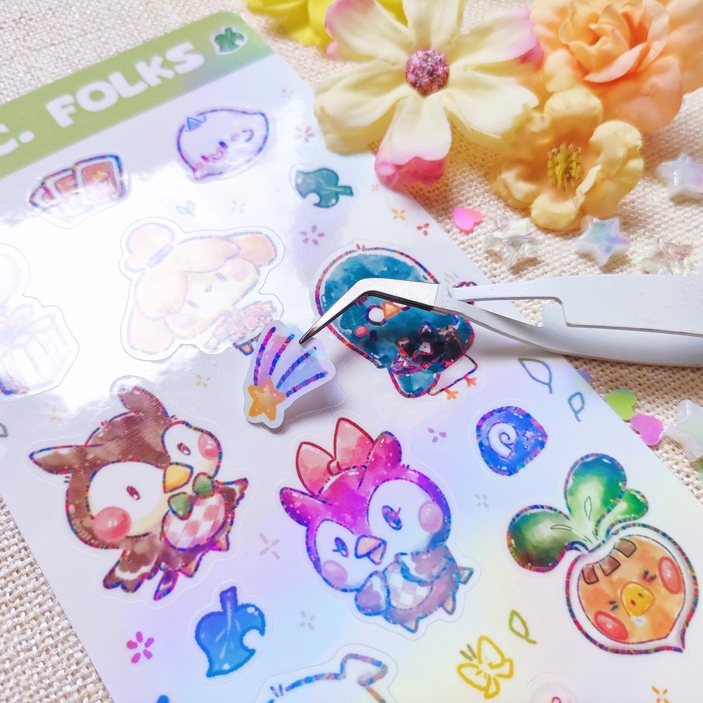 Waterproof, Holographic and Repositionable Sticker Sheet: Animal Crossing Folks