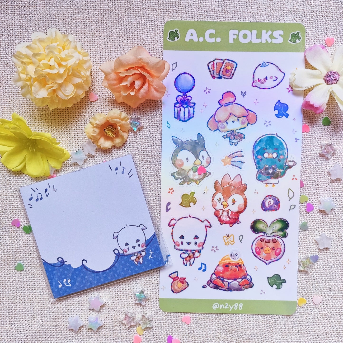 Waterproof, Holographic and Repositionable Sticker Sheet: Animal Crossing Folks